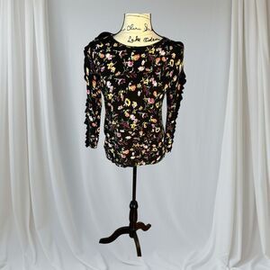 Philosophy Women's Medium Long Sleeve Black Floral Ruffled Top Shirt Blouse